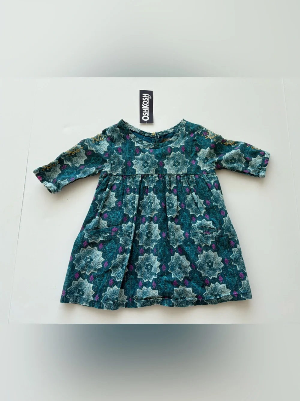 KIDS OshKosh B’gosh Girls Teal Geometric Metallic Print Dress Size 18M NWT